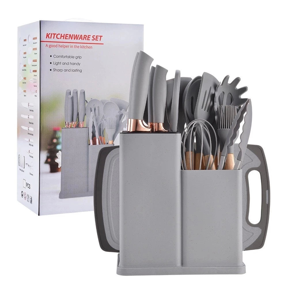Kit Utensílios de Cozinha Completo – 19 Peças com Tábua de Silicone, Espátula, Faca e Tesoura