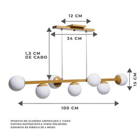 Lustre pendente de 7 globos de vidro em formato de esferas, perfeito para ambientes modernos.