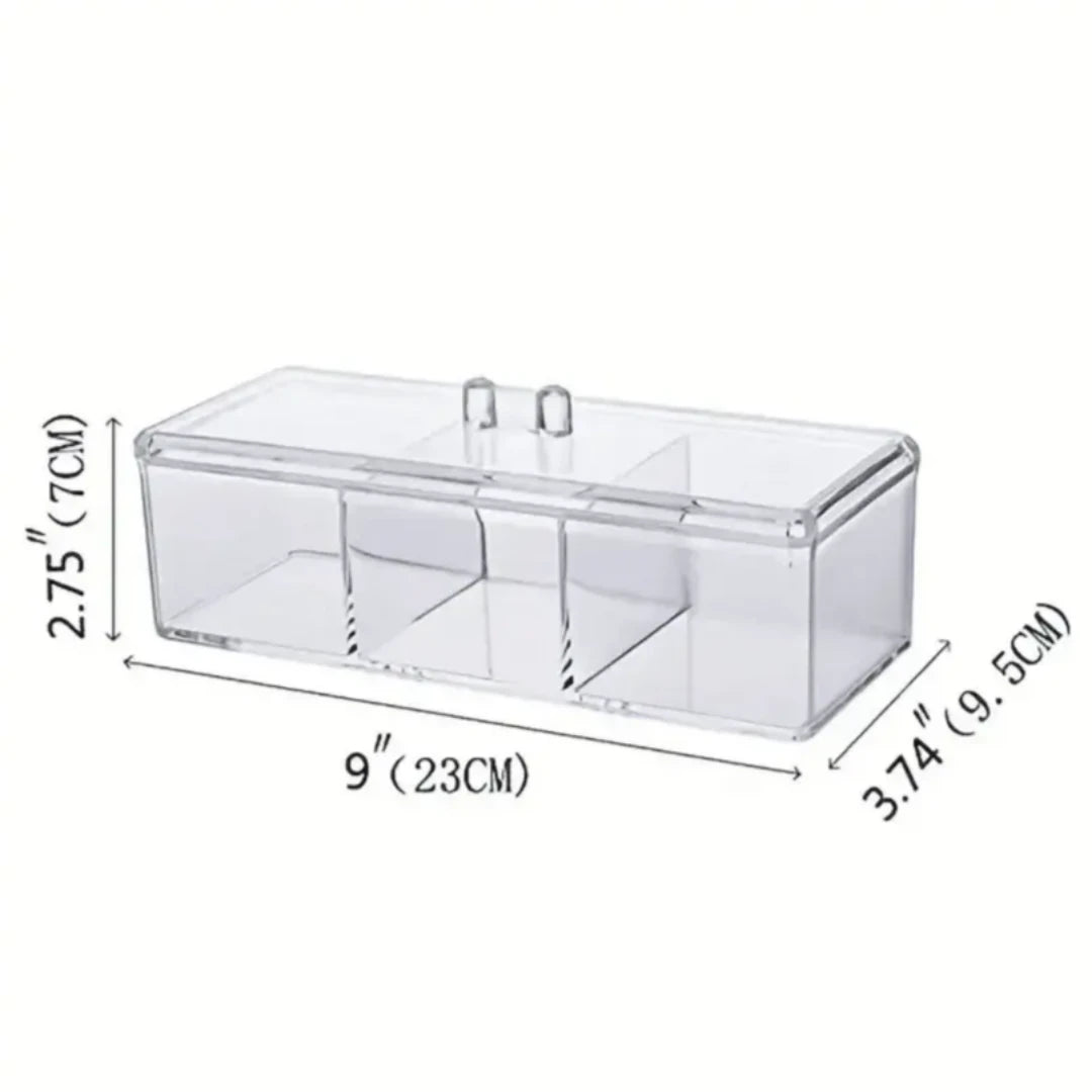 Porta algodão e cotonete com 3 divisórias em acrílico, mostrado em um ambiente de banheiro, destacando a organização