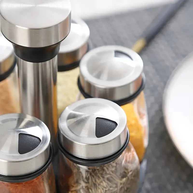 Porta-Temperos Giratório em Aço Inox com 6 Potes de Vidro