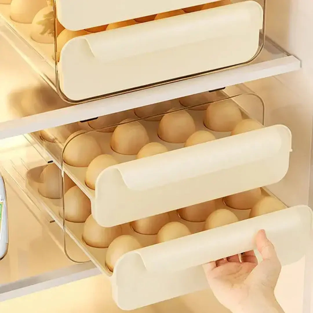 Detalhe do organizador duplo de ovos, com suporte resistente e gaveta deslizante.