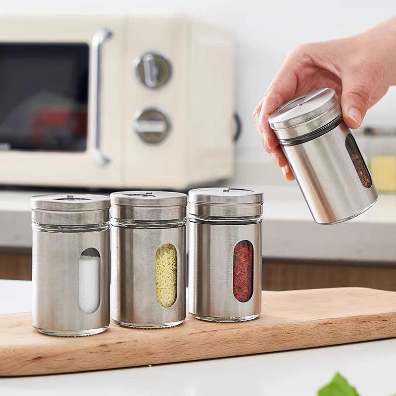 Kit 6 Porta Condimentos em Aço Inox e Vidro
