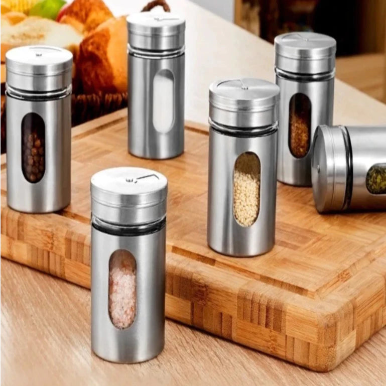 Kit 6 Porta Condimentos em Aço Inox e Vidro