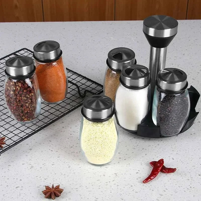 Porta-Temperos Giratório em Aço Inox com 6 Potes de Vidro