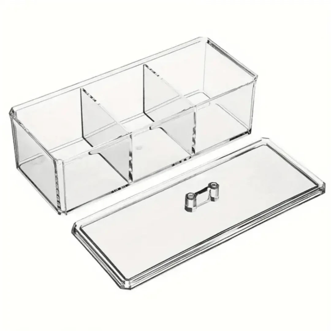 Organizador de banheiro em acrílico transparente, com divisórias para algodão e cotonetes, ideal para manter o espaço organizado.