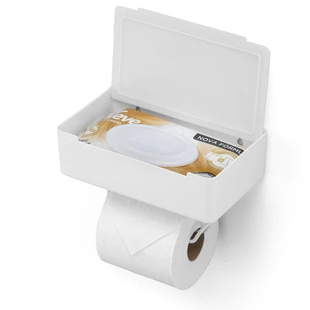 Caixa organizadora para lenços umedecidos e papel higiênico, com uma superfície superior antiderrapante para o apoio seguro do celular.