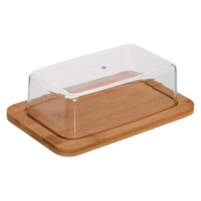 Porta manteiga e frios de bambu com tampa acrílica, vista frontal, ideal para conservação de alimentos.