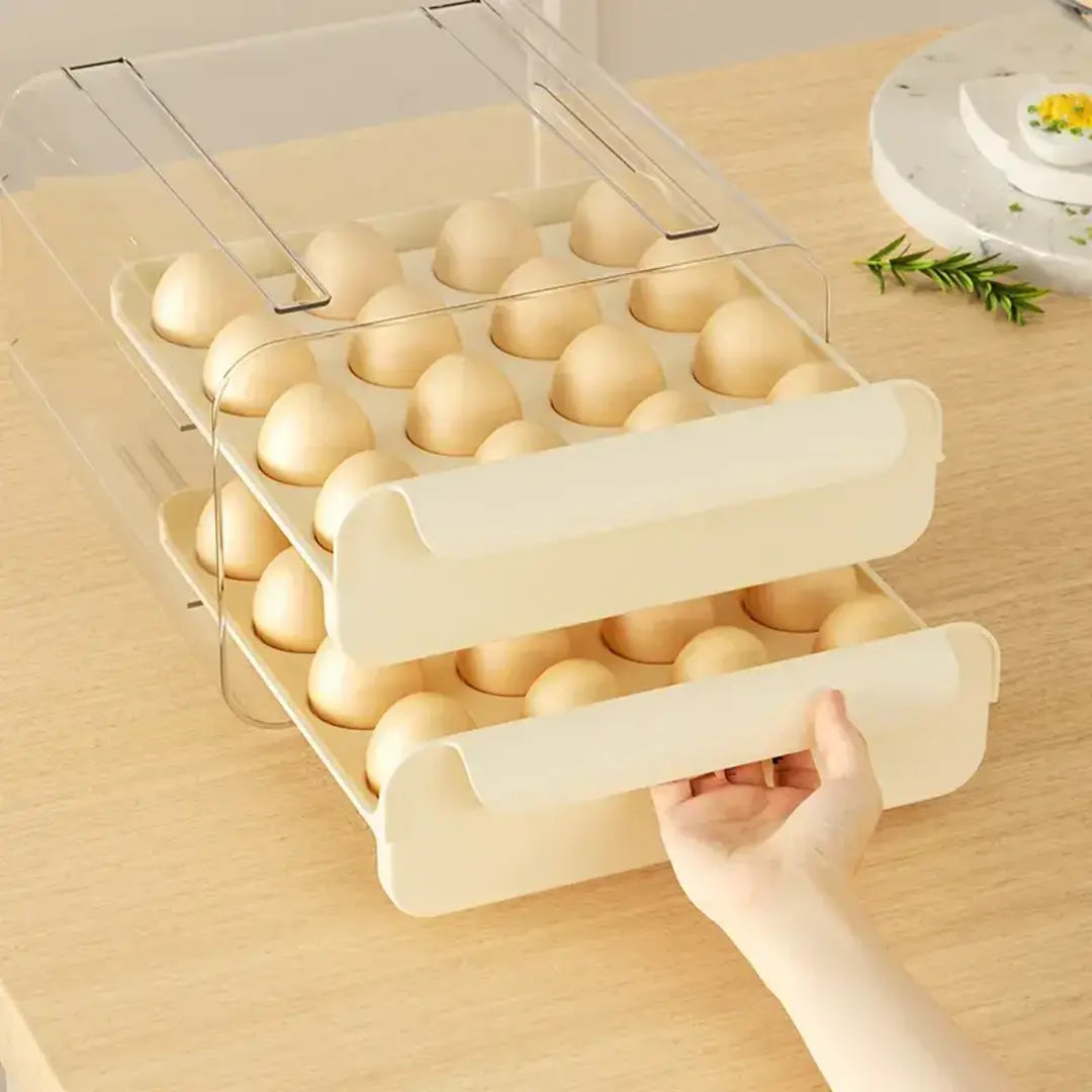 Organizador multifuncional para ovos, com gaveta dupla para armazenamento seguro.