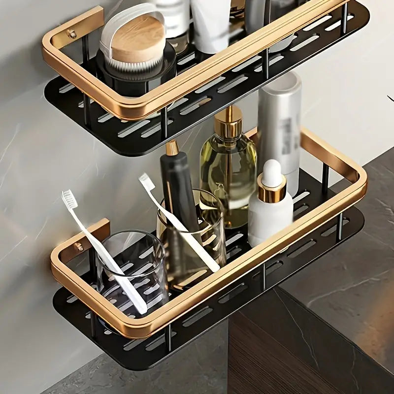 Kit 2 Prateleiras de Banheiro Douradas Sem Furo - Alumínio Luxo | Artique