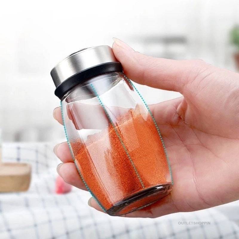 Porta-Temperos Giratório em Aço Inox com 6 Potes de Vidro