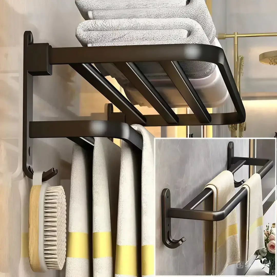 Porta Toalhas Duplo em Aço Inox 60cm para Organização de Banheiro - Preto