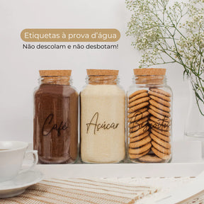 3 Potes de Vidro 810ml com Tampa de Rolha e Adesivos para Café, Açúcar e Biscoitos