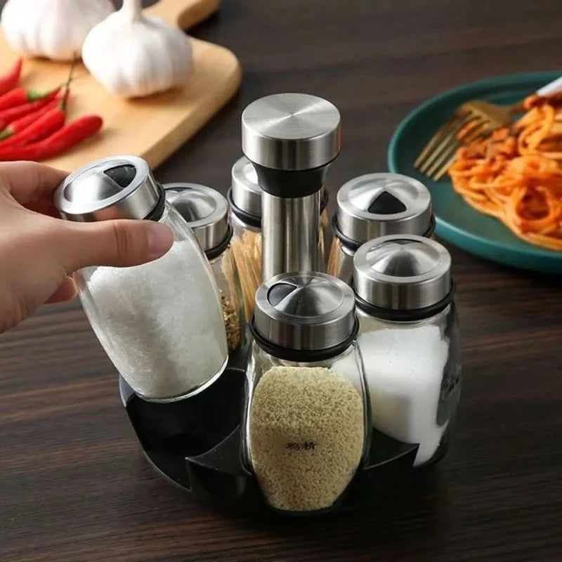 Porta-Temperos Giratório em Aço Inox com 6 Potes de Vidro