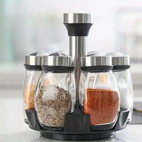Porta-Temperos Giratório em Aço Inox com 6 Potes de Vidro