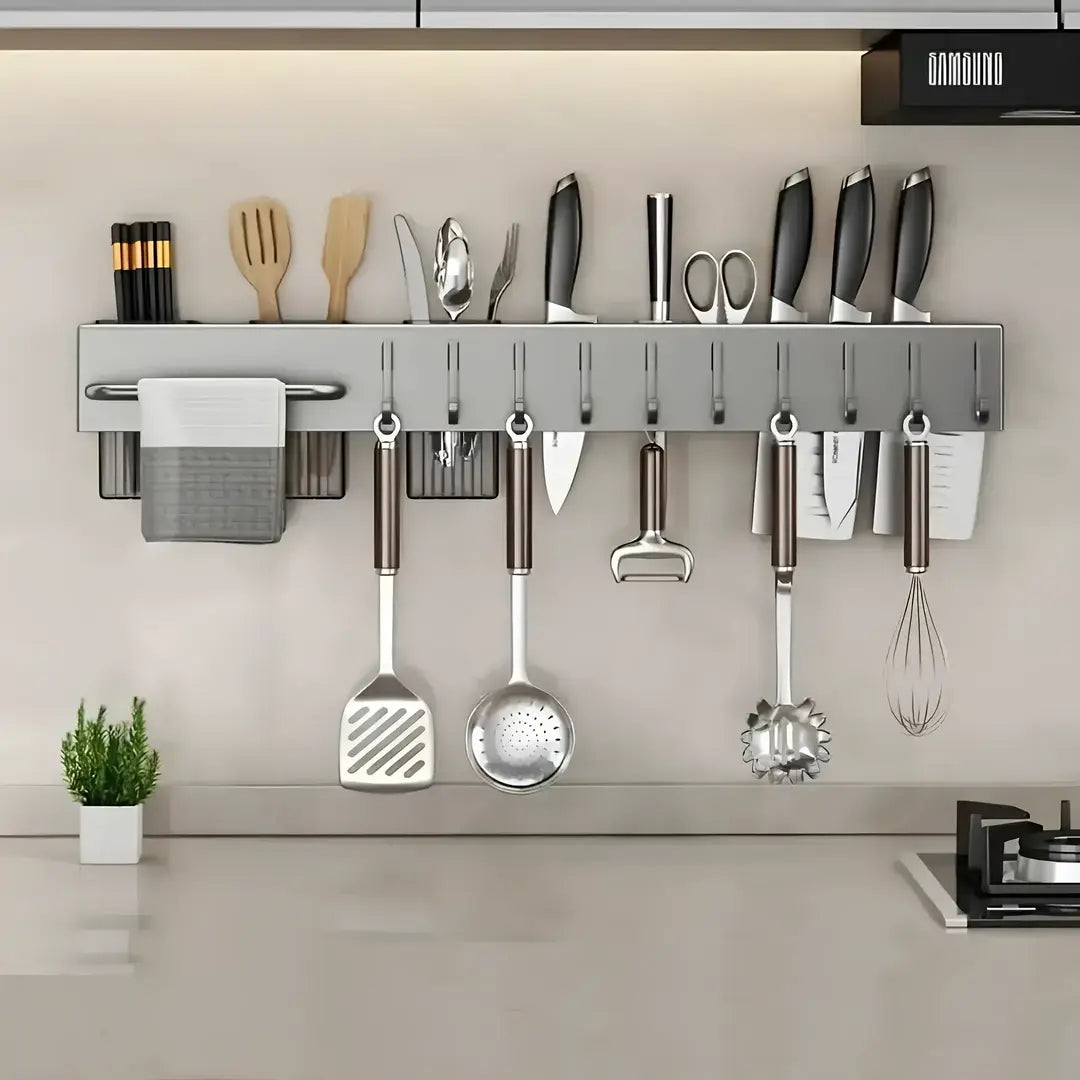 Suporte versátil para utensílios de cozinha, ideal para organizar colheres, espátulas e outros acessórios.