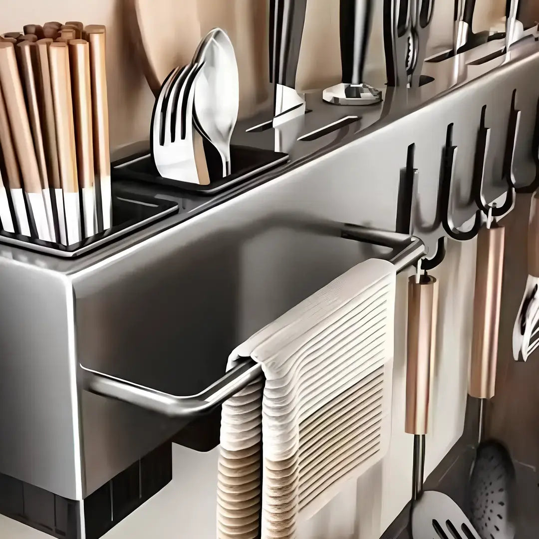 Suporte organizador de utensílios de cozinha, trazendo praticidade e estilo ao ambiente.