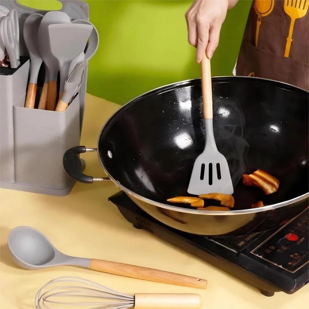 Kit Utensílios de Cozinha Completo – 19 Peças com Tábua de Silicone, Espátula, Faca e Tesoura