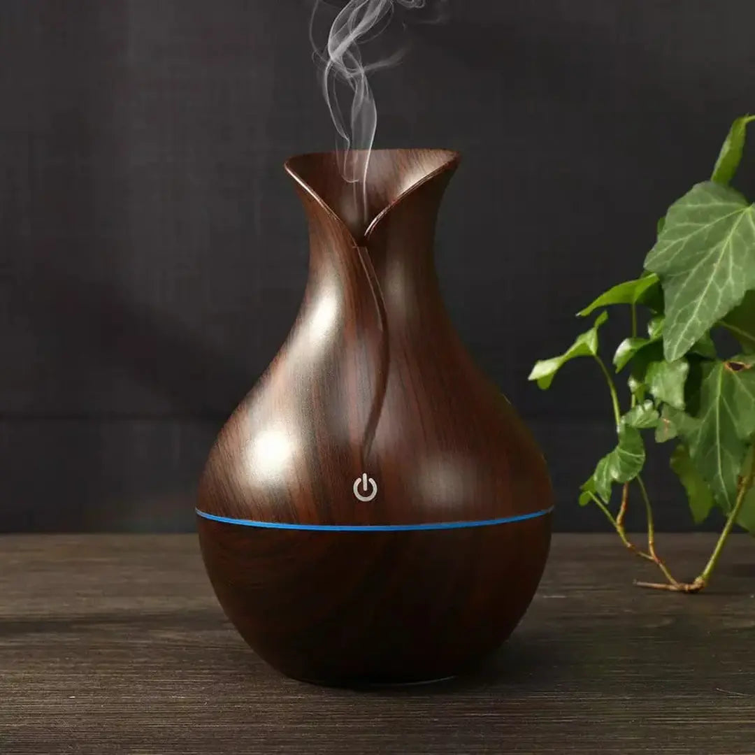 Umidificador Ultrassônico WoodVase – Aromatizador USB com LED Colorido