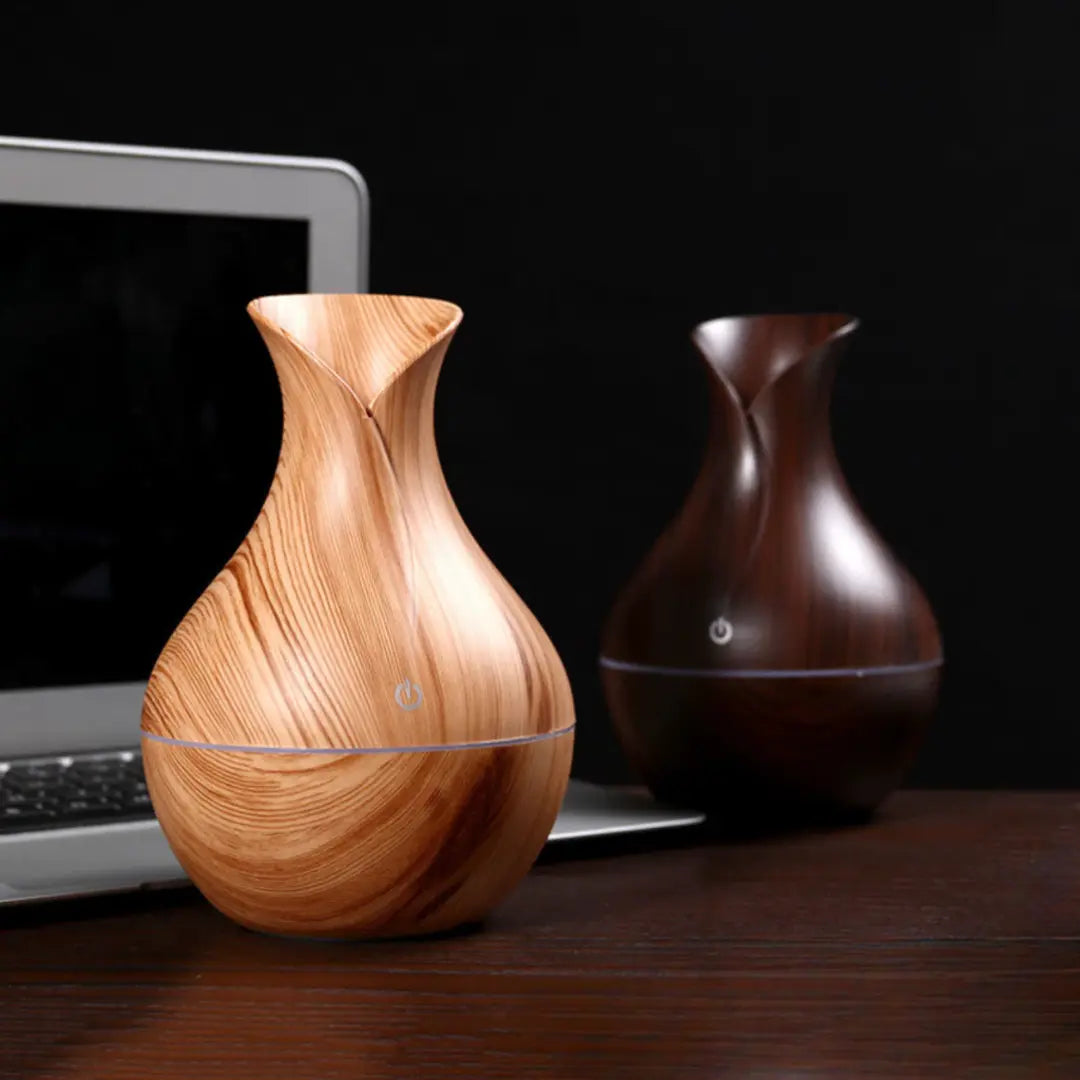 Umidificador Ultrassônico WoodVase – Aromatizador USB com LED Colorido